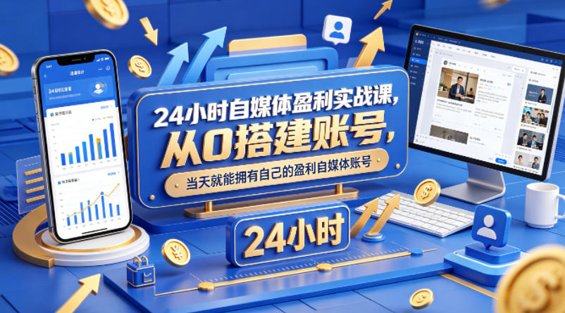 24小时自媒体盈利实战课，从0搭建账号，当天就能拥有自己的盈利自媒体账号-51云资源