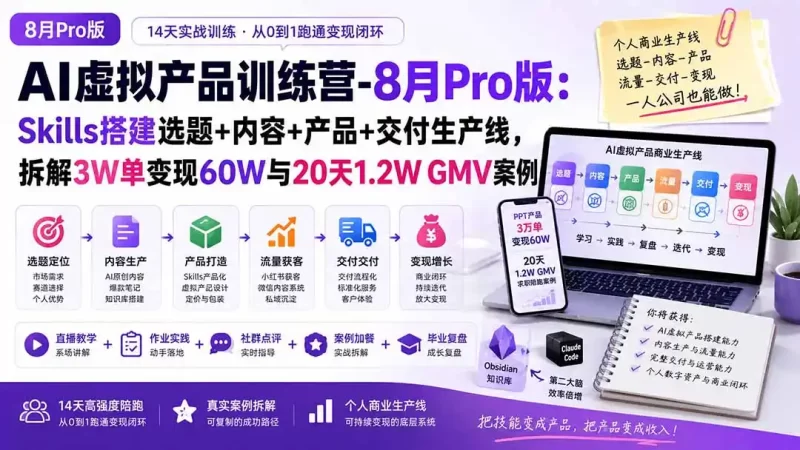 AI虚拟产品训练营PRO版-更新0910：Skills搭建选题 内容 产品 交付生产线，拆解3W单变现60W与20天1.2W GMV案例-51云资源