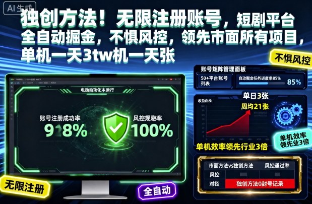 独创方法！无限注册账号，短剧平台全自动掘金，不惧风控，领先市面所有项目，单机一天3张【揭秘】-51云资源