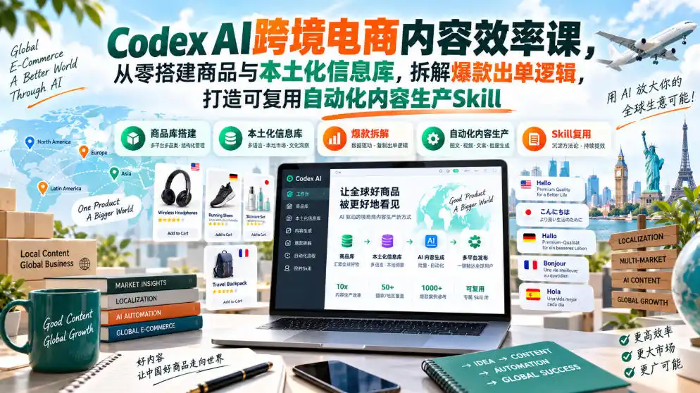 Codex AI跨境电商内容效率课，从零搭建商品与本土化信息库，拆解爆款出单逻辑，打造可复用自动化内容生产Skill-51云资源