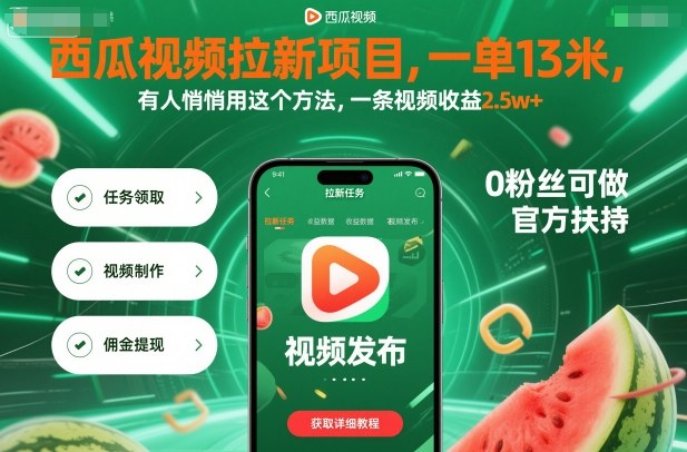 西瓜视频拉新项目，一单13米，有人悄悄用这个方法，一条视频收益2.5w （附详细教程）-51云资源