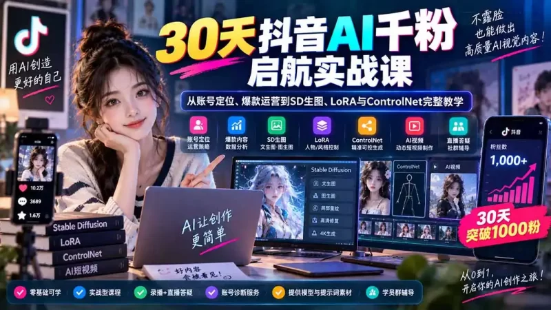 30天抖音AI千粉启航实战课:从账号定位、爆款运营到SD生图、LoRA与ControlNet完整教学-51云资源