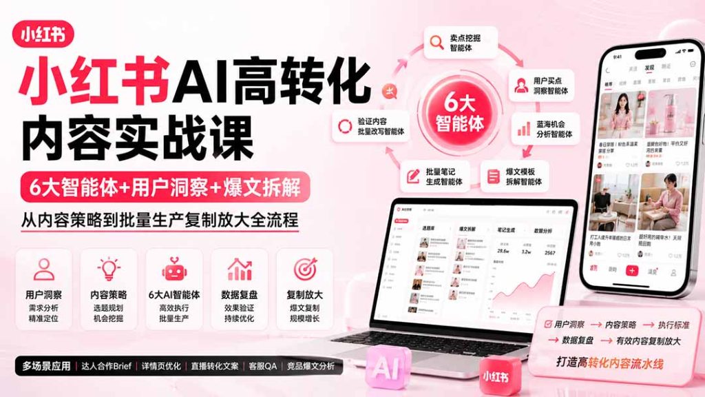 小红书AI高转化内容实战课：6大智能体 用户洞察 爆文拆解，从内容策略到批量生产复制放大全流程-51云资源