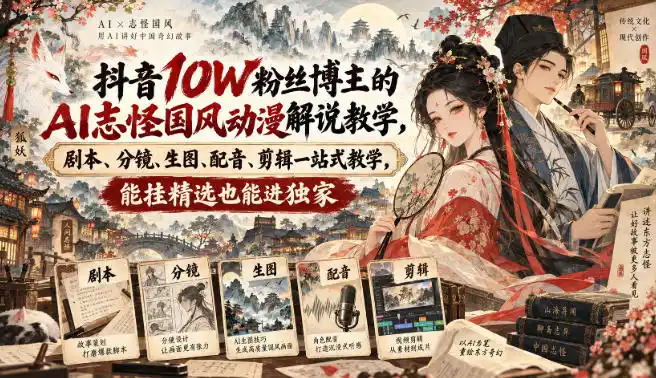 抖音10W粉丝博主满堂诡事的AI志怪国风动漫解说教学,剧本、分镜、生图、配音、剪辑一站式教学,能挂精选也能进独家-51云资源