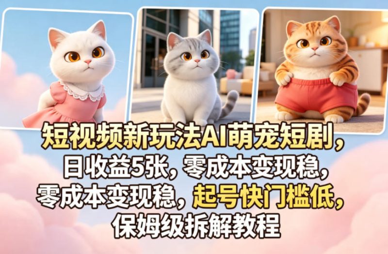 短视频新玩法AI萌宠短剧,日收益5张,零成本变现稳,起号快门槛低,保姆级拆解教程-51云资源