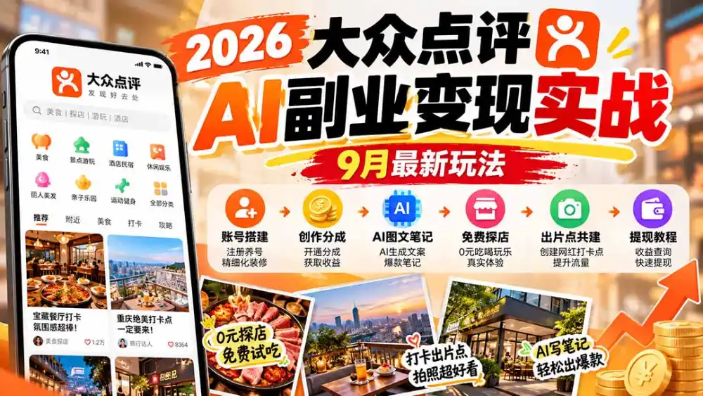 2026大众点评AI副业变现实战9月最新玩法:账号搭建 创作分成 AI图文笔记 免费探店 出片点共建与提现教程