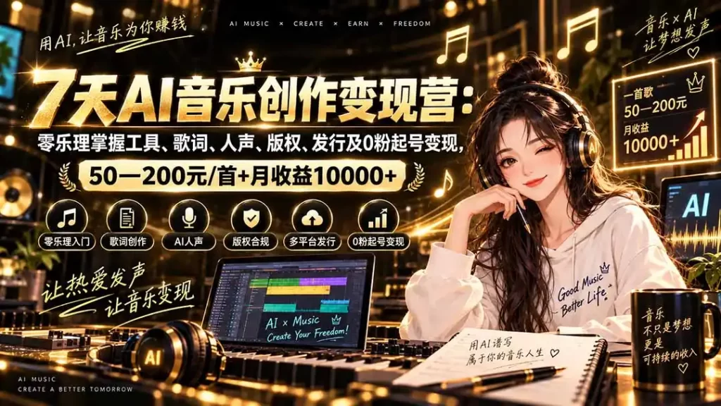 AI音乐创作变现营：零乐理掌握工具、歌词、人声、版权、发行及0粉起号变现，50—200元/首 月收益10000-51云资源