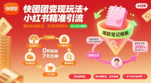 快团团变现玩法 小红书精准引流技巧,助你真正落地私域卖货,实现持续挣米