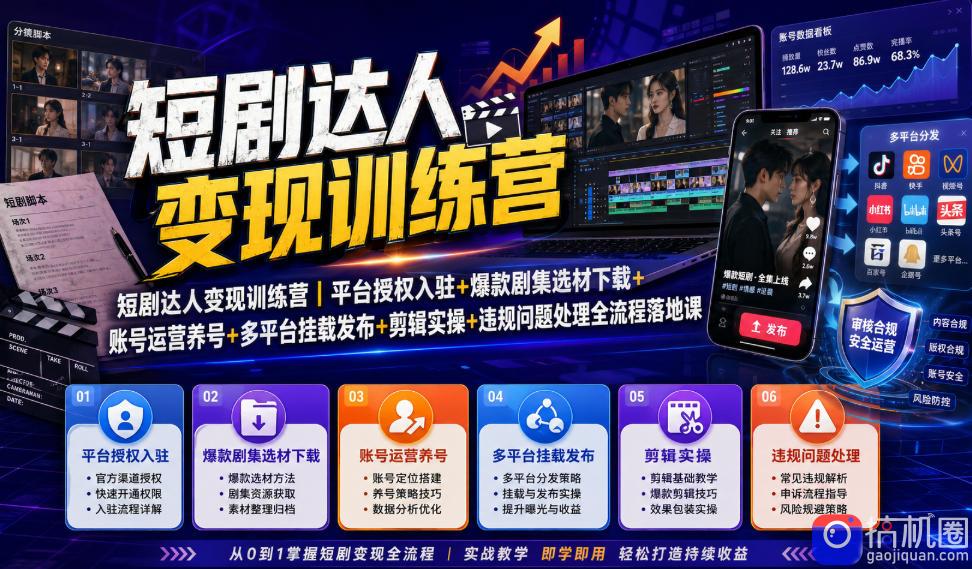 短剧达人变现训练营|平台授权入驻 爆款剧集选材下载 账号运营养号 多平台挂载发布 剪辑实操 违规问题处理全流程落地课