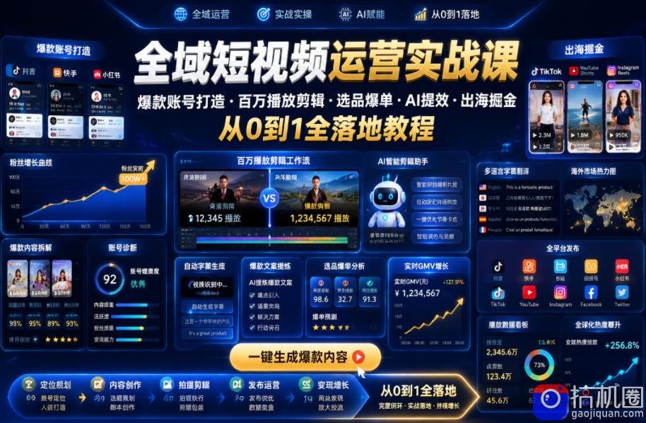 全域短视频运营实战课，爆款账号打造・百万播放剪辑・选品爆单・AI提效・出海掘金，从0到1全落地教程