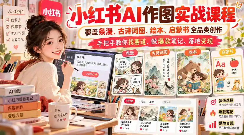 小红书AI作图实战课程，覆盖条漫、古诗词图、绘本、启蒙书全品类创作，手把手教你找赛道、做爆款笔记、落地变现(更新1017)-51云资源