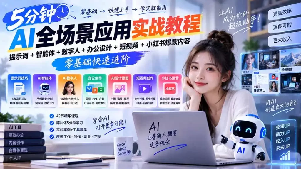 AI全场景应用实战教程｜提示词 智能体 数字人 办公设计 短视频 小红书爆款内容，零基础快速进阶-51云资源