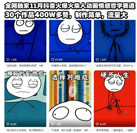 全网独家11月抖音火爆火柴人动画情感哲学赛道，30个作品400W多赞，制作简单，流量大【教学 素材】-51云资源