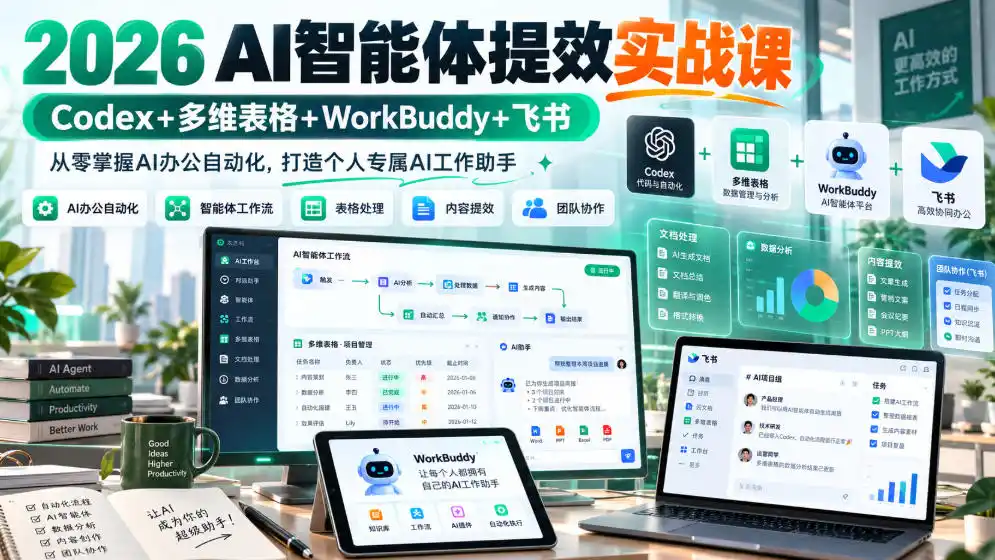 2026 AI智能体提效实战课:Codex 多维表格 WorkBuddy 飞书,从零掌握AI办公自动化,打造个人专属AI工作助手