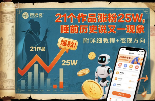 21个作品涨粉25W，睡前历史说又一现象级AI内容大爆款来啦，附详细教程 变现方向-51云资源