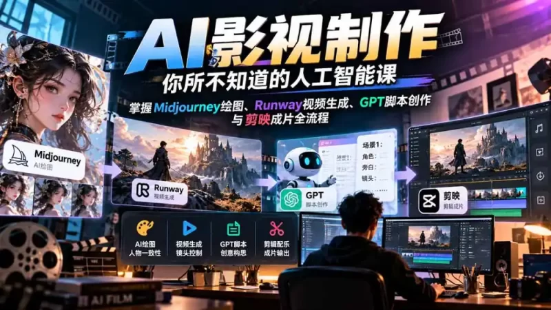 【无水印】AI影视制作-你所不知道的人工智能课,掌握Midjourney绘图、Runway视频生成、GPT脚本创作与剪映成片全流程-51云资源