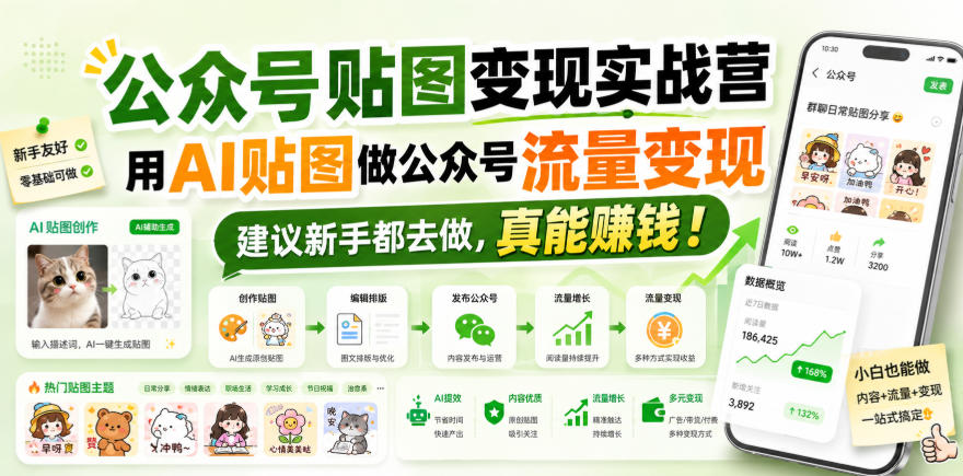 公众号贴图变现实战营,用AI贴图做公众号流量变现,建议新手都去做,真能賺钱!-51云资源