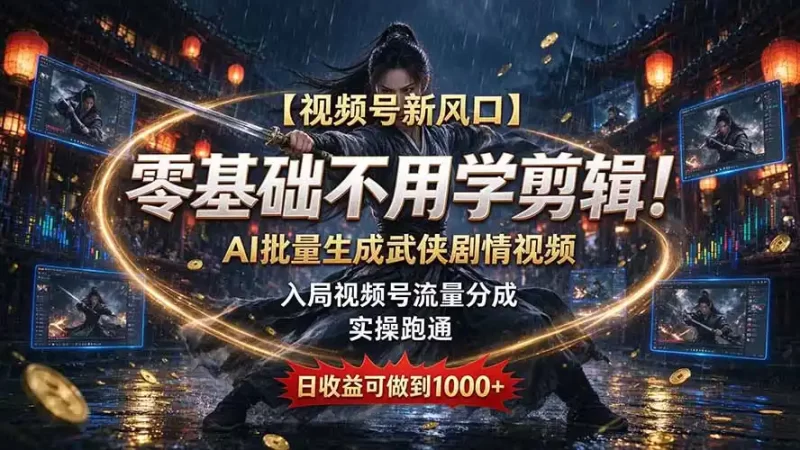 【视频号新风口】零基础不用学剪辑！AI 批量生成武侠剧情视频，入局视频号流量分成，实操跑通，日收益可做到 1000-51云资源