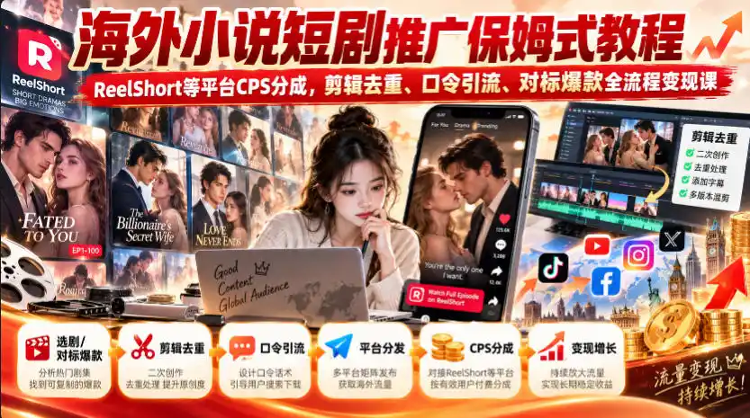 海外小说短剧推广保姆式教程｜ReelShort等平台CPS分成，剪辑去重、口令引流、对标爆款全流程变现课-51云资源