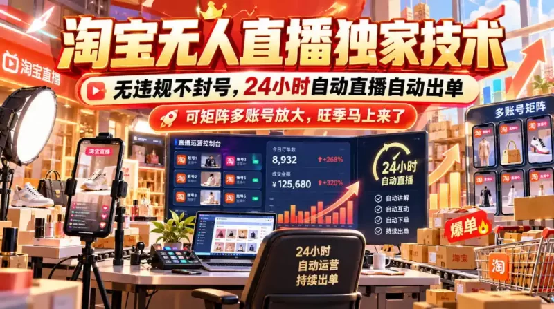 淘宝无人直播独家技术,无违规不封号,24小时自动直播自动出单,可矩阵多账号放大,旺季马上来了【揭秘】-51云资源