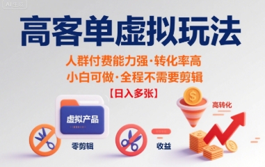 高客单虚拟玩法日入多张,人群付费能力强转化率高,小白可做 全程不需要剪辑-51云资源