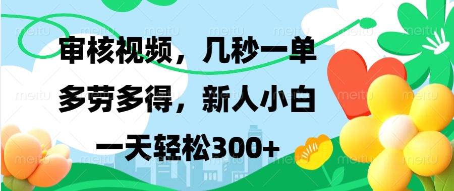 审核视频，几秒一单，多劳多得，新人小白一天轻松300 