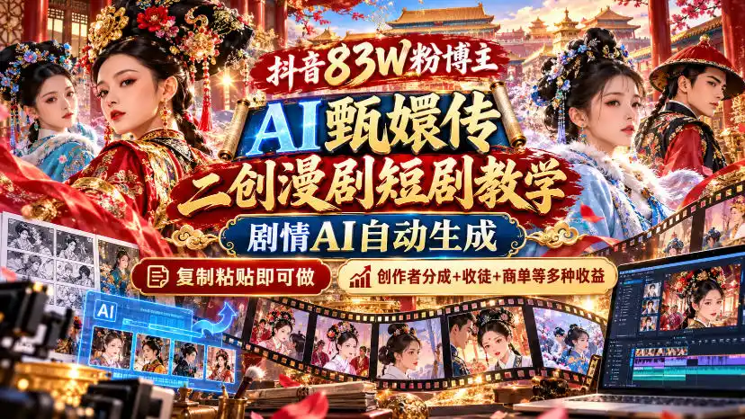 抖音83W粉博主AI甄嬛传二创漫剧短剧教学|剧情AI自动生成,复制粘贴即可做,各大平台创作者分成 收徒等多种收益