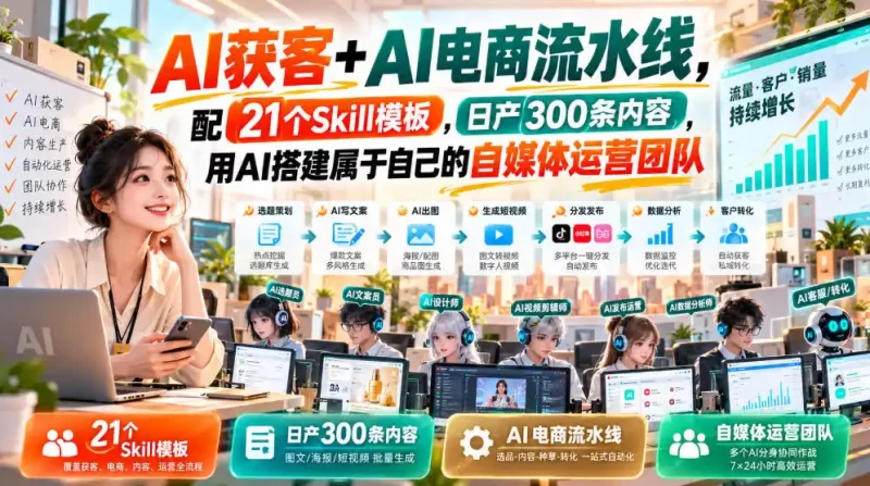 AI获客 AI电商流水线,配21个Skill模板,日产300条内容,用AI搭建属于自己的自媒体运营团队-51云资源