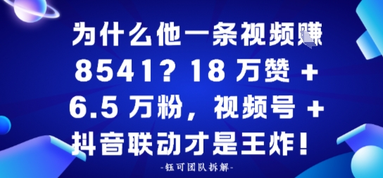 为什么他一条视频賺8541？18万赞 6.5 W粉，视频号 抖音联动才是王炸！-51云资源