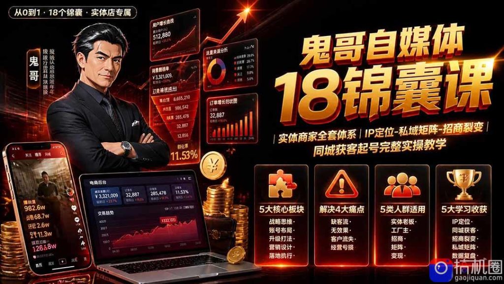 鬼哥自媒体18锦囊课|实体商家全套体系|IP 定位-私域矩阵-招商裂变|同城获客起号完整实操教学-51云资源