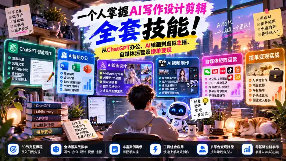 一个人掌握AI写作设计剪辑全套技能：从ChatGPT办公、AI绘画到虚拟主播、自媒体运营及接单变现-51云资源