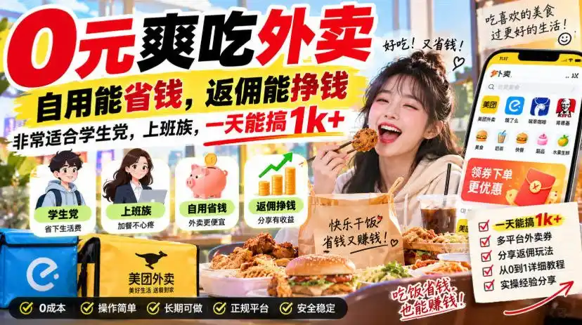 0元爽吃外卖，自用能省钱，返佣能挣钱，非常适合学生党，上班族，一天能搞1k 