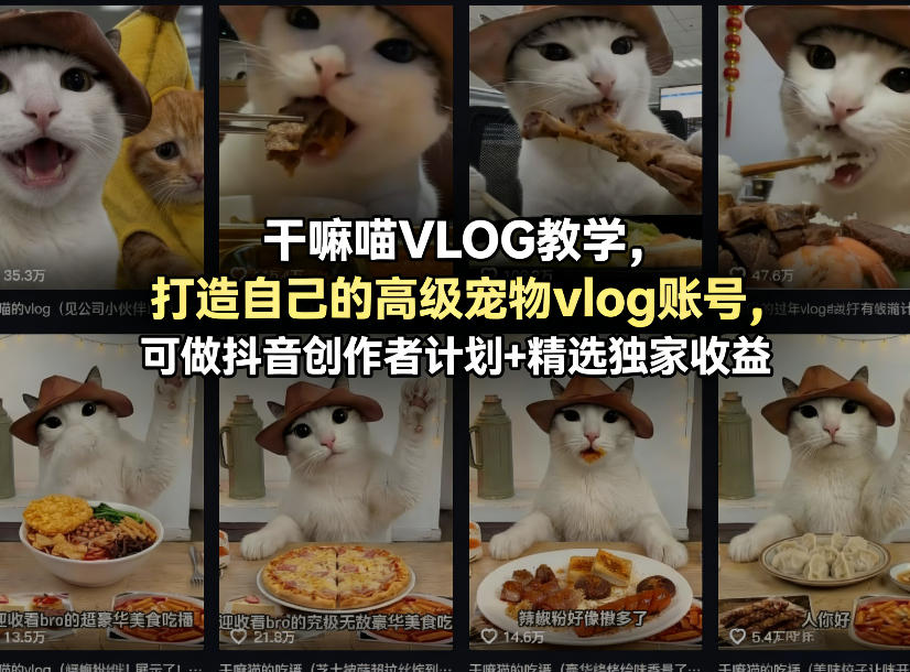 干嘛喵VLOG教学,打造自己的高级宠物vlog账号,可做抖音创作者计划 精选独家收益