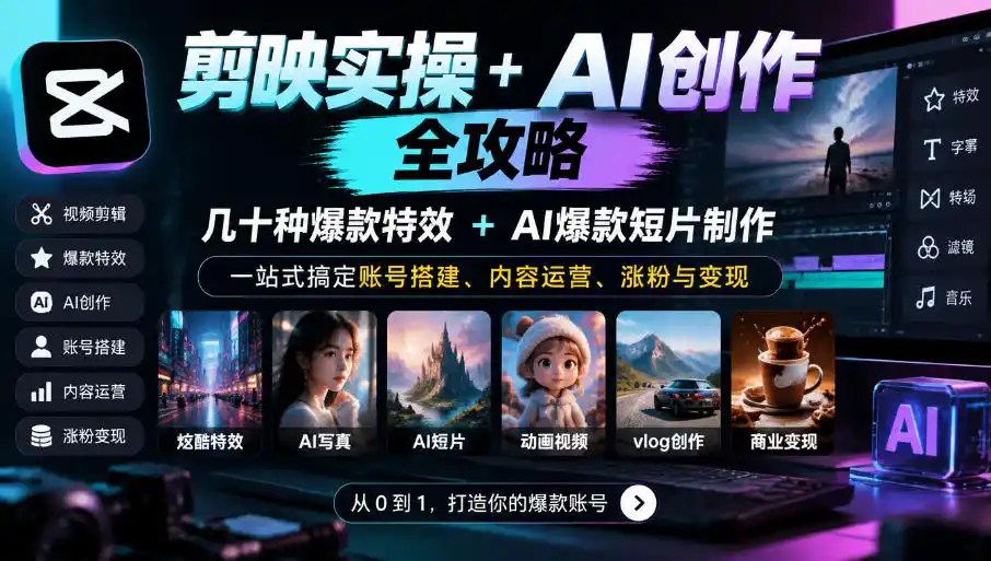剪映实操 AI创作全攻略|几十种爆款特效 AI爆款短片制作,一站式搞定账号搭建、内容运营、涨粉与变现
