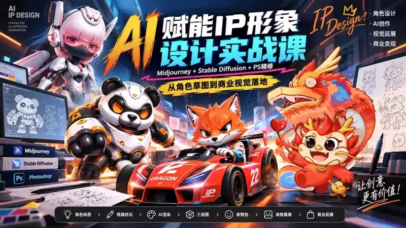 AI赋能IP形象设计实战课-无水印:Midjourney Stable Diffusion PS精修,从角色草图到商业视觉落地-51云资源