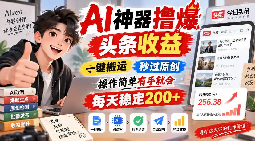 AI神器撸爆头条收益,一键搬运,秒过原创,操作简单有手就会,每天稳定200 【揭秘】-51云资源