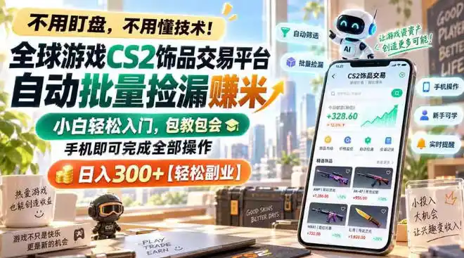 全球游戏CS2饰品交易平台自动批量捡漏賺米,小白轻松入门,包教包会,手机即可完成全部操作,日入300 【揭秘】-51云资源