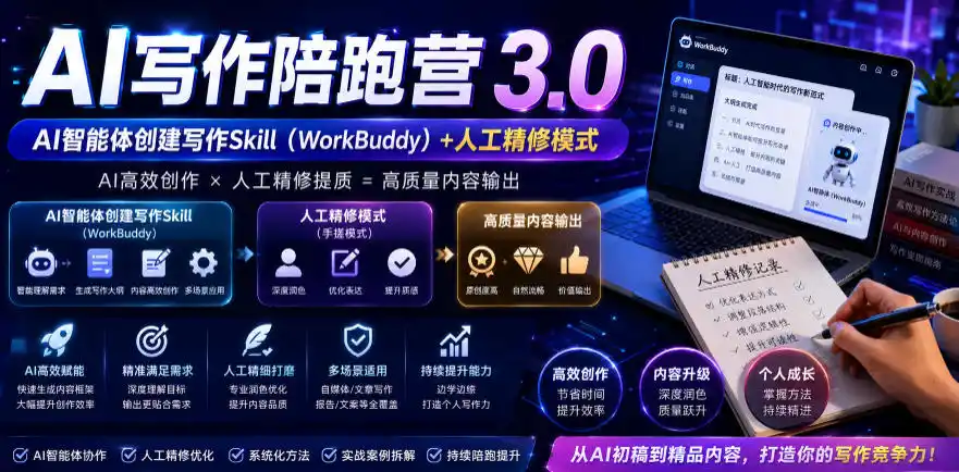 AI写作陪跑营3.0，Ai智能体创建写作skill(workbuddy) 人工手写模式(手搓模式)，去除AI痕迹(头条号、公众号、百家号)(更新0907)-51云资源