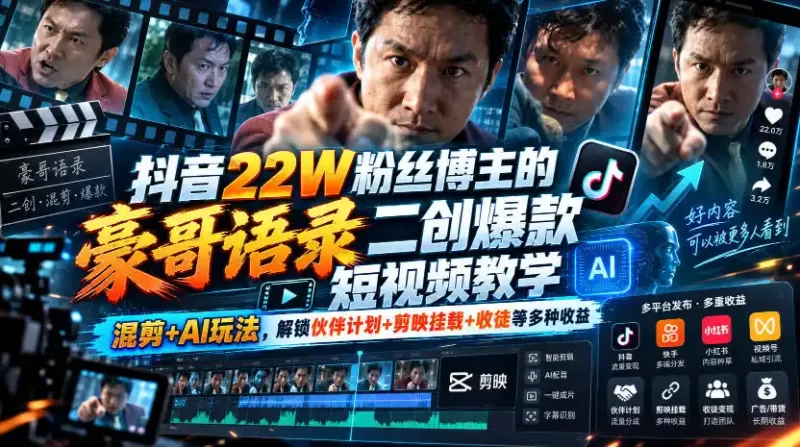 抖音22W粉丝博主的豪哥语录二创爆款短视频教学,混剪 AI玩法,解锁伙伴计划 剪映挂载 收徒等多种收益-51云资源
