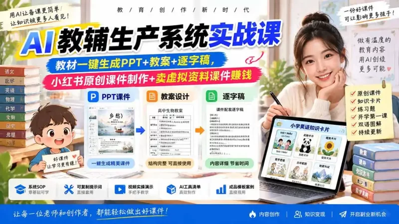 AI教辅生产系统实战课-更新0926|教材一键生成PPT 教案 逐字稿,小红书原创课件制作 卖虚拟资料课件赚钱-51云资源