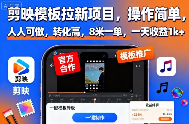 剪映模板拉新项目，操作简单，人人可做，转化高，8米一单，一天收益1k-51云资源