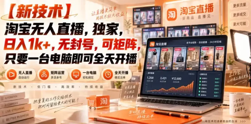 【独家新技术】淘宝无人直播，日入1k ，无封号，可矩阵，只要一台电脑即可全天开播【揭秘】-51云资源