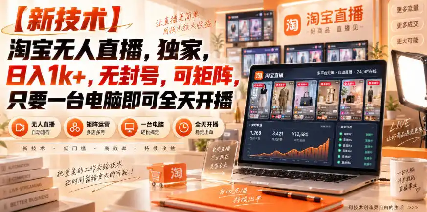 【独家新技术】淘宝无人直播，日入1k ，无封号，可矩阵，只要一台电脑即可全天开播【揭秘】-51云资源