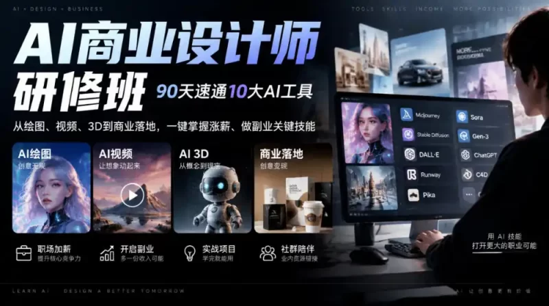 AI商业设计师研修班,90天速通10大AI工具,从绘图、视频、3D到商业落地,一键掌握涨薪、做副业关键技能-51云资源