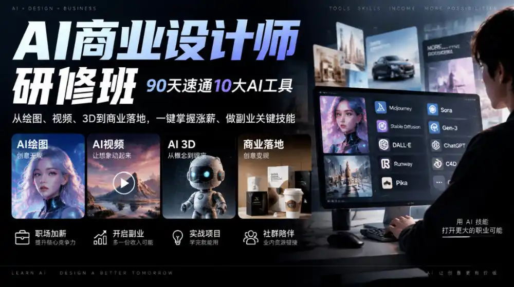 AI商业设计师研修班,90天速通10大AI工具,从绘图、视频、3D到商业落地,一键掌握涨薪、做副业关键技能