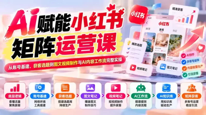 AI赋能小红书矩阵运营课：从账号基建、获客选题到图文视频制作与AI内容工作流完整实操-51云资源