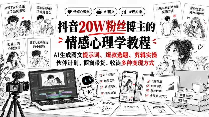 抖音20W粉丝博主静候心声的情感心理学教程,AI生成图文提示词、爆款选题、剪辑实操,伙伴计划、橱窗带货、收徒多种变现方式-51云资源
