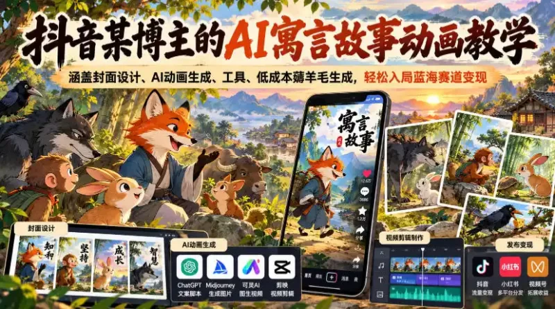 抖音某博主的AI寓言故事动画教学,涵盖封面设计、AI动画生成、工具、低成本薅羊毛生成,轻松入局蓝海赛道变现-51云资源