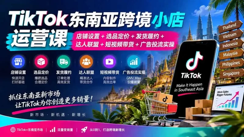 TikTok东南亚跨境小店运营课:店铺设置 选品定价 发货履约 达人联盟 短视频带货 广告投流实操-51云资源