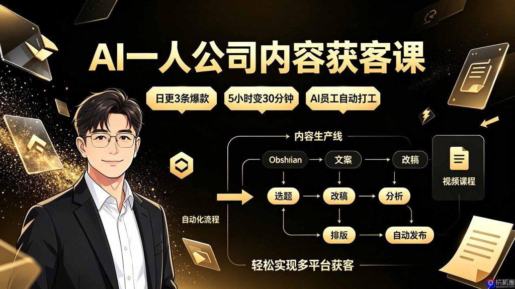 AI一人公司内容获客课：日更3条爆款×5小时变30分钟×AI员工自动打工，轻松实现多平台获客-51云资源
